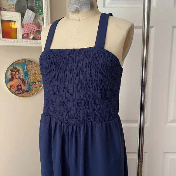 ROUGE Navy Blue Smocked chest Stretch Wide-Leg Romper Jumpsuit *LARGE* - Picture 2 of 6